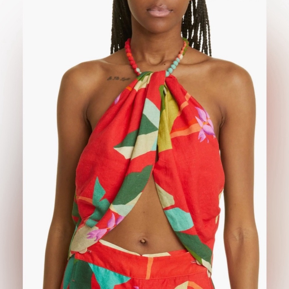 FARM Rio Red Tropical Halter Tank Top with Green & Teal Accents